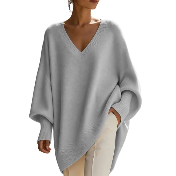 QIYAGBSA V Neck Sweaters for Women Oversized Batwing Long Sleeve Knit Pullover Relaxed Tunic Fit with Asymmetric Hem for Fall Winter Casual