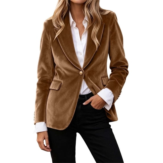 QIYAGBSA Velvet Blazers for Women Notched Lapel One Button Long Sleeve Slim Fit Suit Jacket Flap Pockets Business Casual Fall Winter Office Wear