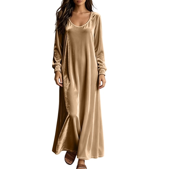 QIYAGBSA Velvet Maxi Dress for Women Soft Round Neck Loose Casual Long Sleeve Fall Winter Under Coat Evening