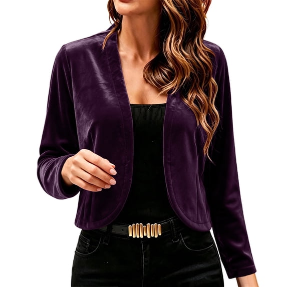 QIYAGBSA Velvet Shrugs for Women Long Sleeve Open Front Cardigan Cropped Bolero Jacket Curved Hem Elegant Cocktail Party Evening Wedding Guest Cover Up Top