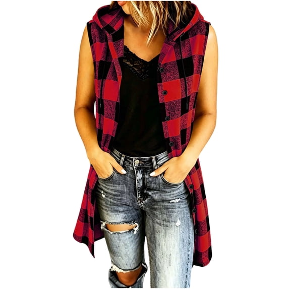 QIYAGBSA Vests for Women Hooded Button Down Plaid Sleeveless Mid Length Casual (Red, M)
