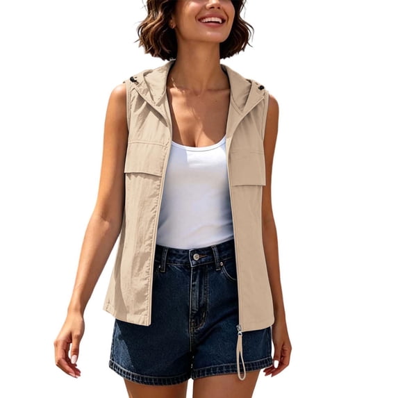QIYAGBSA Vests for Women Lightweight Hooded Zip Up Sleeveless Outdoor Utility Vest with Pockets for Spring Summer Travel (Khaki, L)