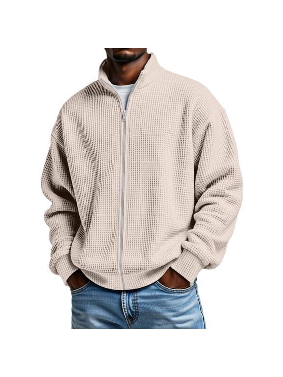 Waffle Knit Jackets for Men Full Zip Stand Collar Sweatshirt No Hood Long Sleeve with Pockets for Fall Winter Casual Everyday Wear