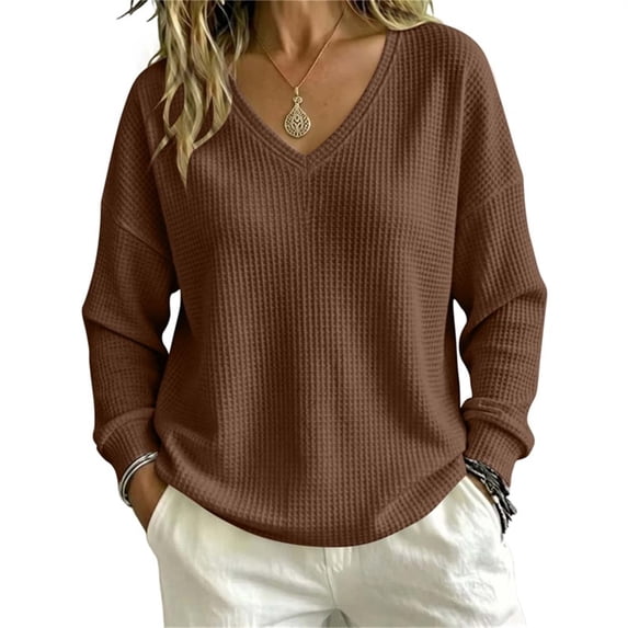 QIYAGBSA Waffle Knit Sweaters for Women V Neck Long Sleeve Oversized Loose Fit Drop Shoulder Solid Color Fall Winter Casual Everyday Pullover Wear