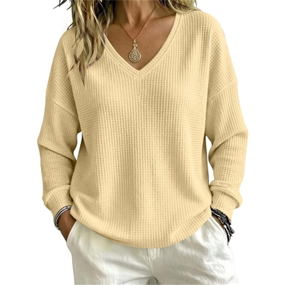 QIYAGBSA Waffle Knit Sweaters for Women V Neck Long Sleeve Oversized Loose Fit Drop Shoulder Solid Color Fall Winter Casual Everyday Pullover Wear