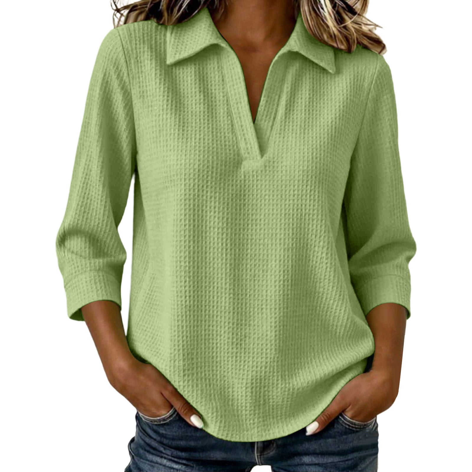 Work By Spring Formula QIYAGBSA Waffle Knit Tops for Women Collared V Neck 3/4 Sleeve ...