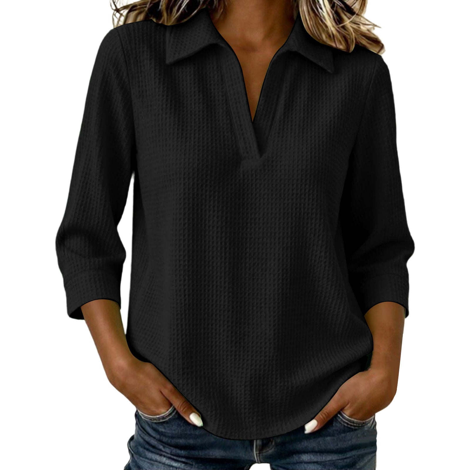 Work By Spring Formula QIYAGBSA Waffle Knit Tops for Women Collared V Neck 3/4 Sleeve ...