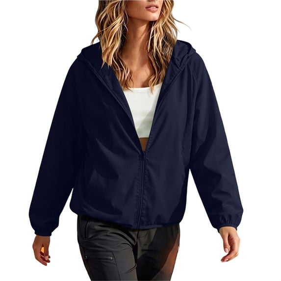 QIYAGBSA Water Resistant Windbreaker Jackets for Women Hooded Lightweight Full Zip Raglan Sleeve Elastic Cuff Side Pockets Solid Fall Outdoor Casual Wear