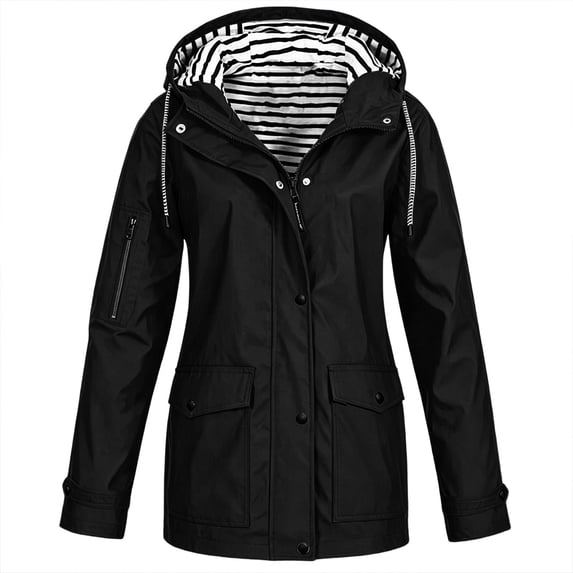 QIYAGBSA Waterproof Jacket for Women Hooded Zip Storm Flap Snap Front Mid Length with Flap Pockets Sleeve Zip Pocket and Striped Hood Lining
