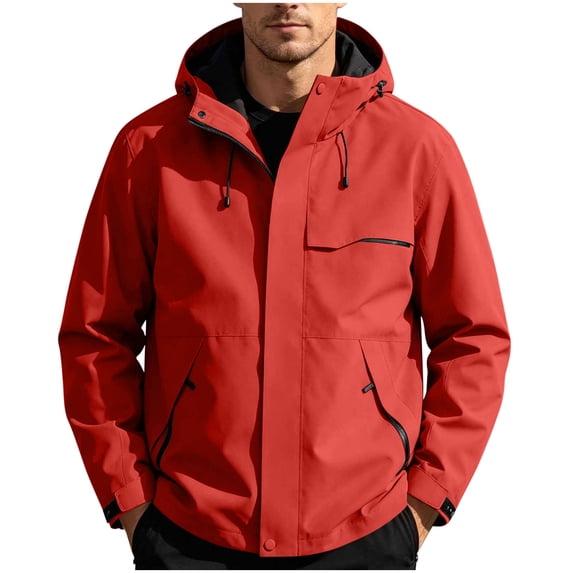 QIYAGBSA Waterproof Jackets for Men Hooded Rain Jacket Lightweight Windproof Full Zip with Zipper Pockets Adjustable Hood for Hiking Travel Outdoor