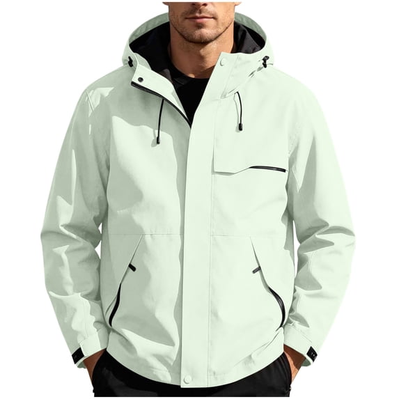 QIYAGBSA Waterproof Jackets for Men Hooded Rain Jacket Lightweight Windproof Full Zip with Zipper Pockets Adjustable Hood for Hiking Travel Outdoor