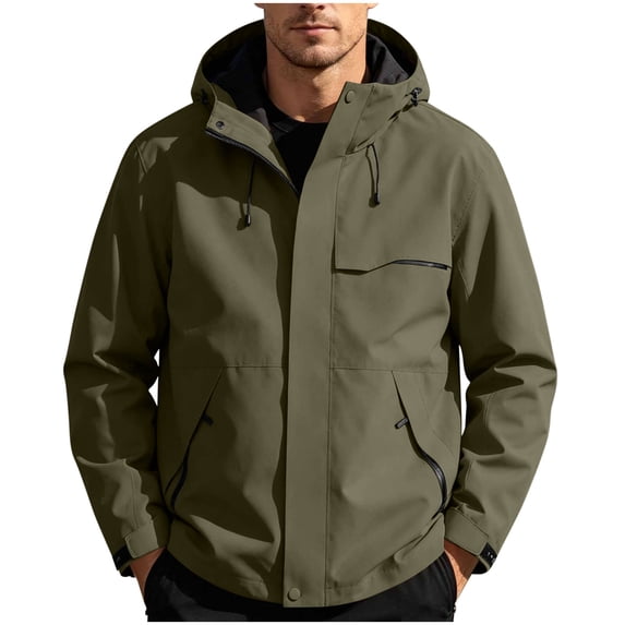 QIYAGBSA Waterproof Jackets for Men Hooded Rain Jacket Lightweight Windproof Full Zip with Zipper Pockets Adjustable Hood for Hiking Travel Outdoor