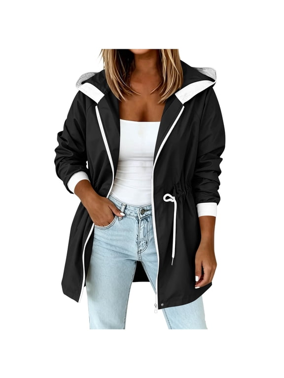 Waterproof Jackets for Women Hooded Full Zip Drawstring Waist Longline Rain Coat Lightweight Windproof Casual Fall Travel Outdoor Layer