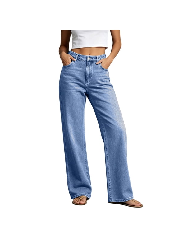 Wide Leg Jeans for Women Loose Fit Stretch Cotton Denim with Front Pockets Button Fly Solid Casual Full Length Fall Winter