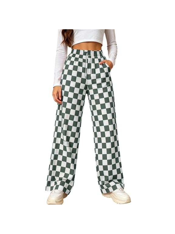 Wide Leg Pants for Women Checkered Drawstring Elastic Waist Relaxed Loose Fit with Pockets Casual Print Trousers for Spring Summer Everyday Wear