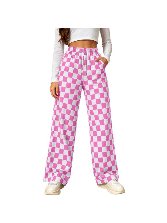 Wide Leg Pants for Women Checkered Drawstring Elastic Waist Relaxed Loose Fit with Pockets Casual Print Trousers for Spring Summer Everyday Wear