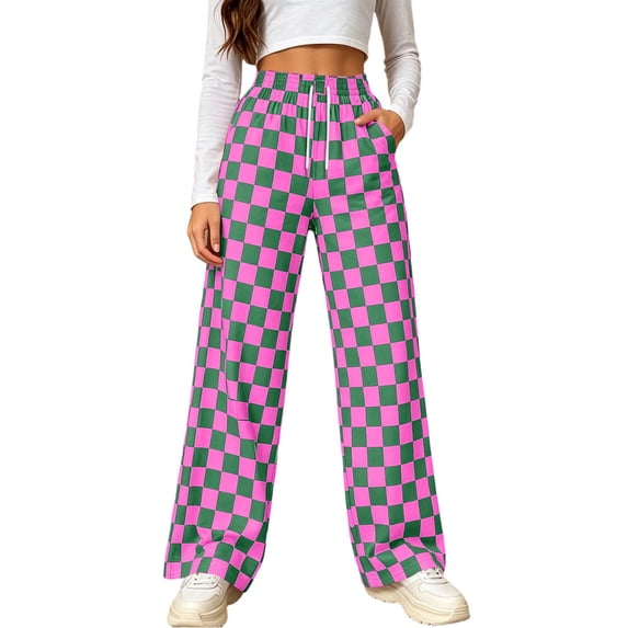 QIYAGBSA Wide Leg Pants for Women Checkered Drawstring Elastic Waist Relaxed Loose Fit with Pockets Casual Print Trousers for Spring Summer Everyday Wear