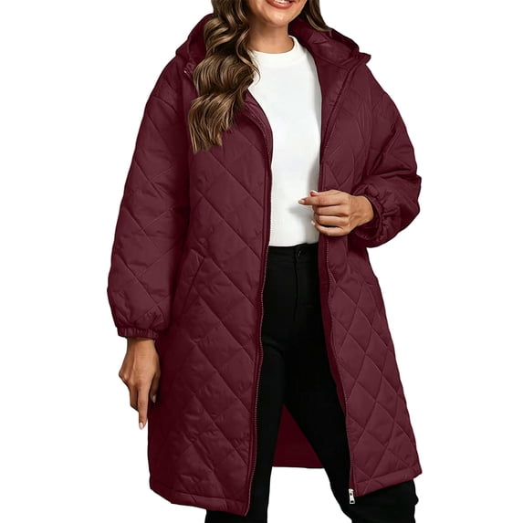 QIYAGBSA Winter Coats for Women Plus Size Quilted Hooded Puffer Jacket Mid Length Full Zip Pockets Diamond Stitching Elastic Cuffs for Cold Weather Casual