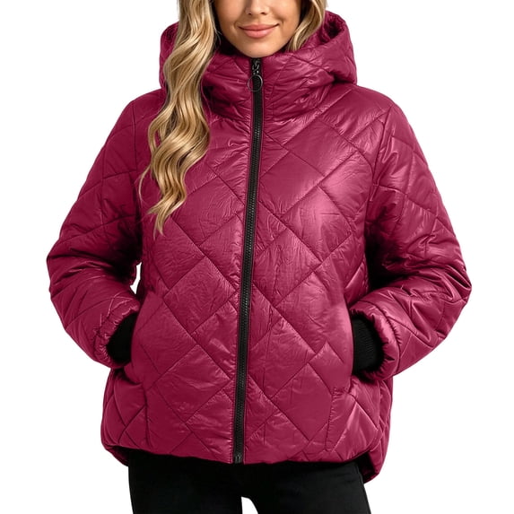 QIYAGBSA Winter Coats for Women Puffer Jacket Diamond Quilted Hooded Full Zip Stand Collar Ring Pull Side Pockets Ribbed Cuffs for Cold Weather Casual