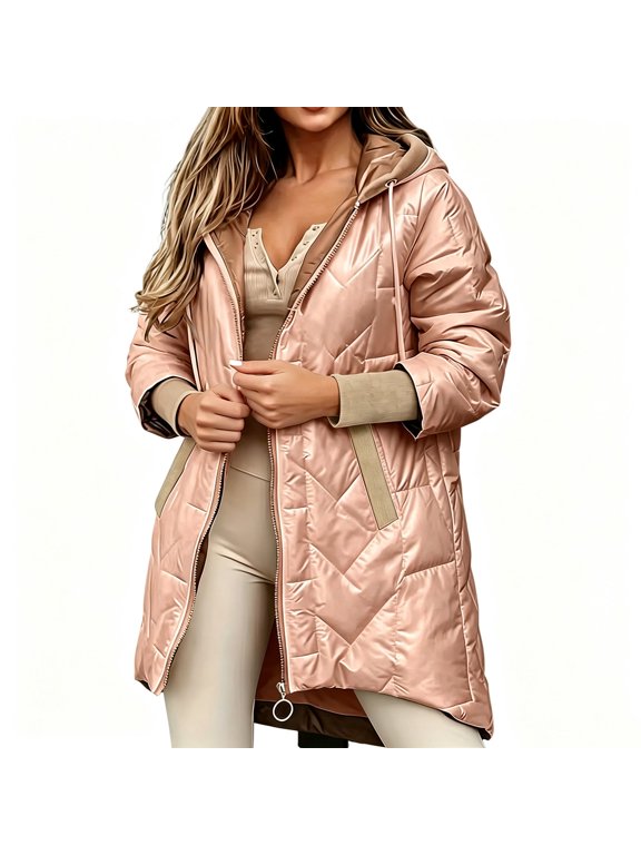 Winter Coats for Women Puffer Jacket Hooded Mid Length Chevron Quilted Contrast Trim Ring Pull Zip Pockets High Low Hem for Cold Weather Casual