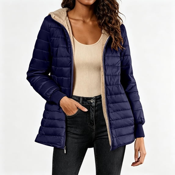 QIYAGBSA Winter Coats for Women Puffer Jacket Hooded Mid Length Horizontal Quilted Fleece Lined Zip Pockets Ribbed Cuffs for Cold Weather Casual