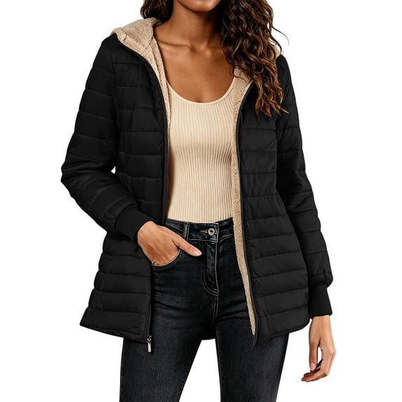 QIYAGBSA Winter Coats for Women Puffer Jacket Hooded Mid Length Horizontal Quilted Fleece Lined Zip Pockets Ribbed Cuffs for Cold Weather Casual