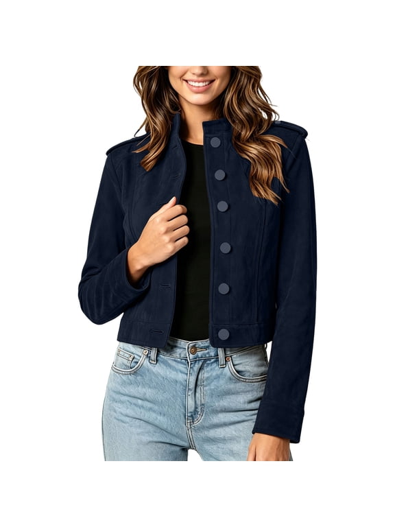 Women Button Front Jacket Brushed Woven Stand Collar Long Sleeve Two Side Pockets Cropped Fully Lined Relaxed Fit for Work and Weekend Wear