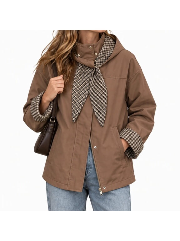 Women Button Front Jacket Fold Over Collar Neck Scarf Detail Long Sleeve Slash Pockets Hip Length Relaxed Fit for Work and Daily Wear