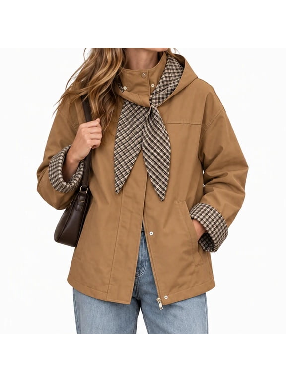 Women Button Front Jacket Fold Over Collar Neck Scarf Detail Long Sleeve Slash Pockets Hip Length Relaxed Fit for Work and Daily Wear