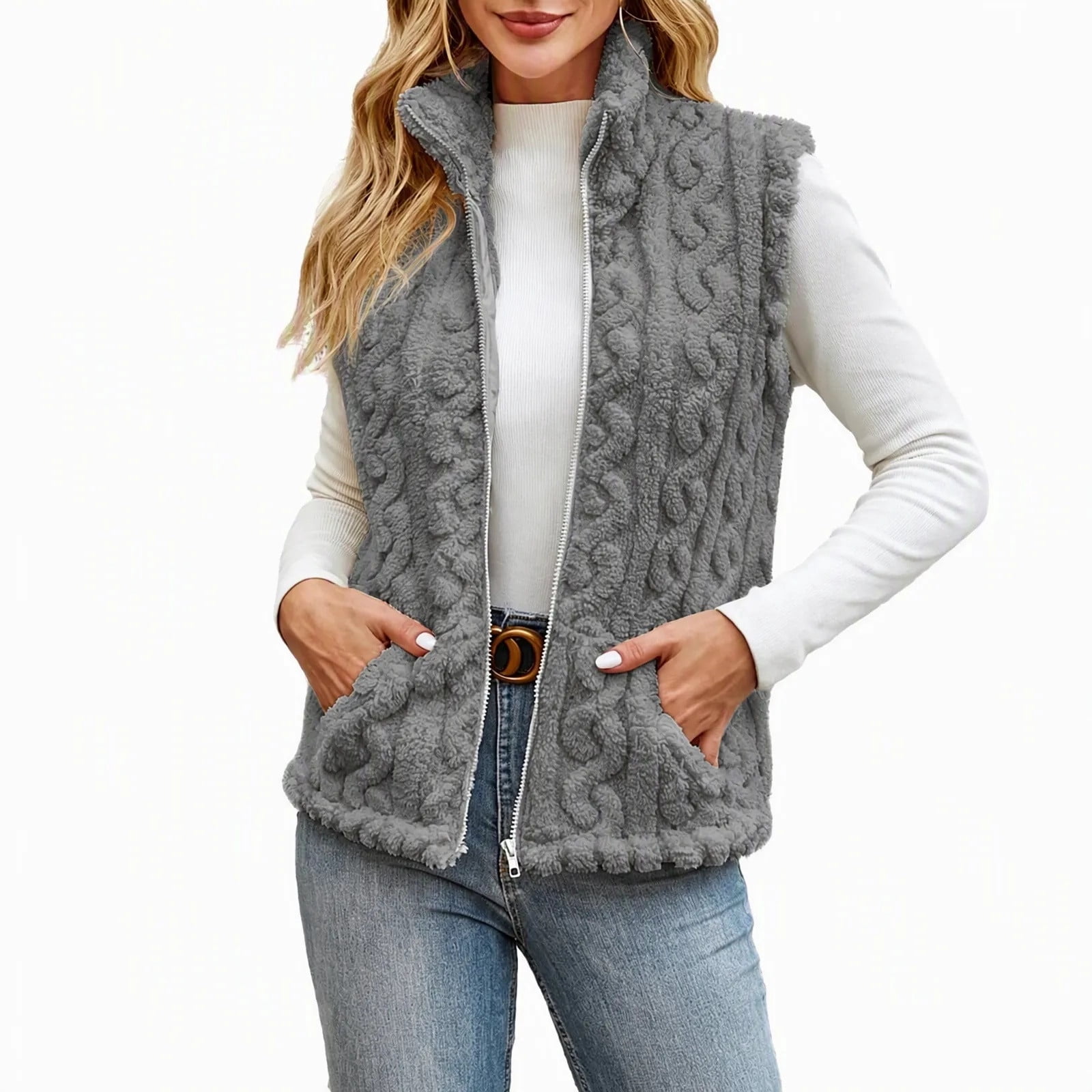 QIYAGBSA Women Fleece Vest Cable Stand Collar Zip Front Slant Pockets ...