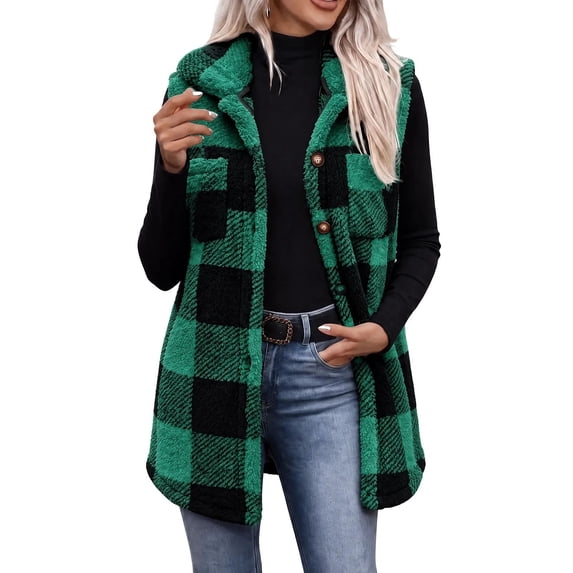 QIYAGBSA Women Fleece Vest Long Check Lapel Collar Button Front Flap ...