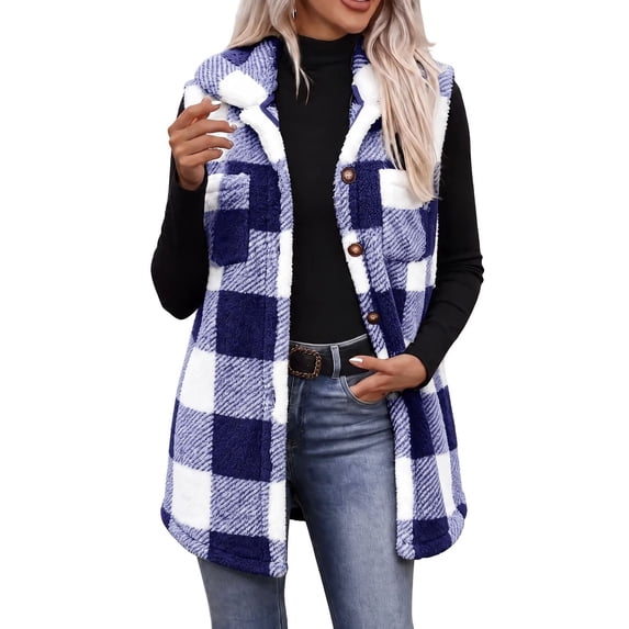 QIYAGBSA Women Fleece Vest Long Check Lapel Collar Button Front Flap ...