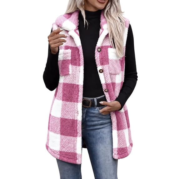 QIYAGBSA Women Fleece Vest Long Check Lapel Collar Button Front Flap ...