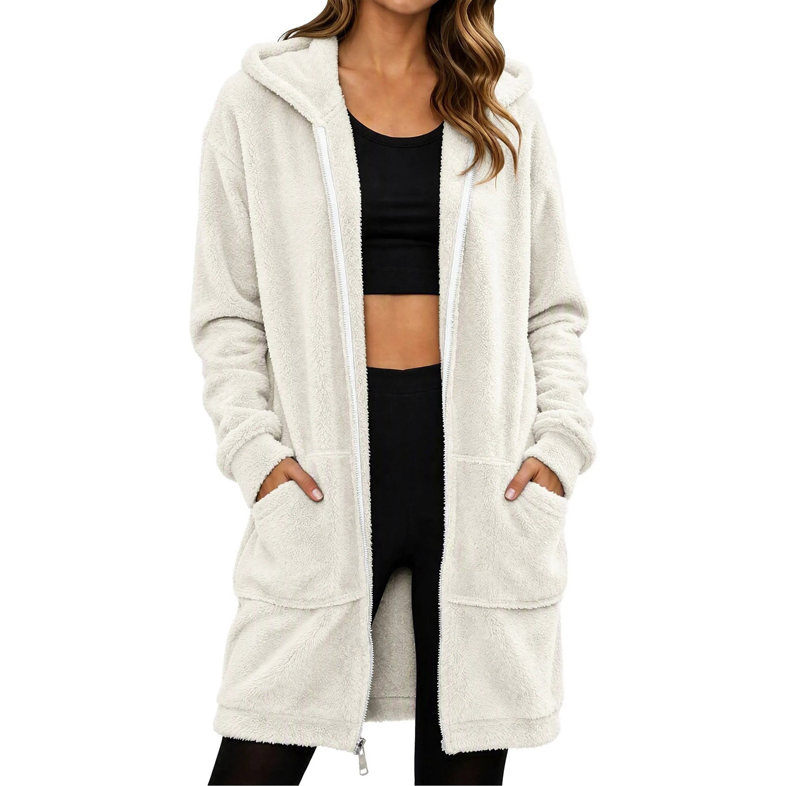 QIYAGBSA Women Fleece Zip Up Hoodie Longline Sherpa Two Front Pockets ...