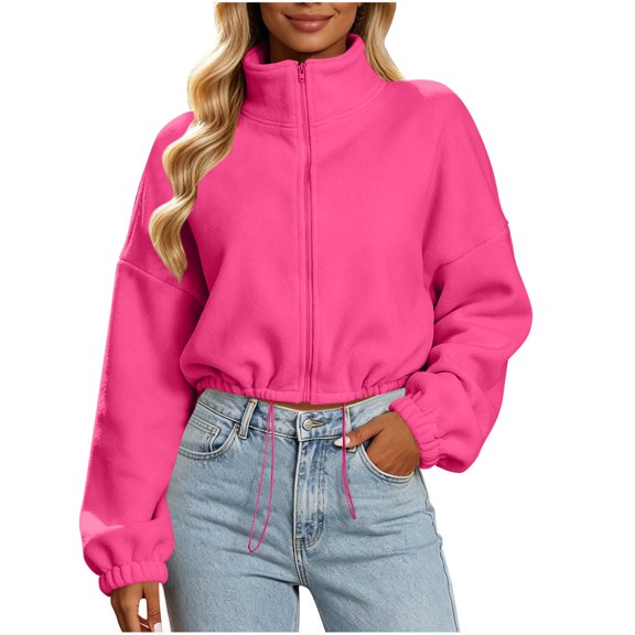QIYAGBSA Women Full Zip Fleece Jacket Stand Collar Drop Shoulder Long Sleeve Drawstring Hem Cropped Relaxed Fit for Fall Errands and Casual Outings