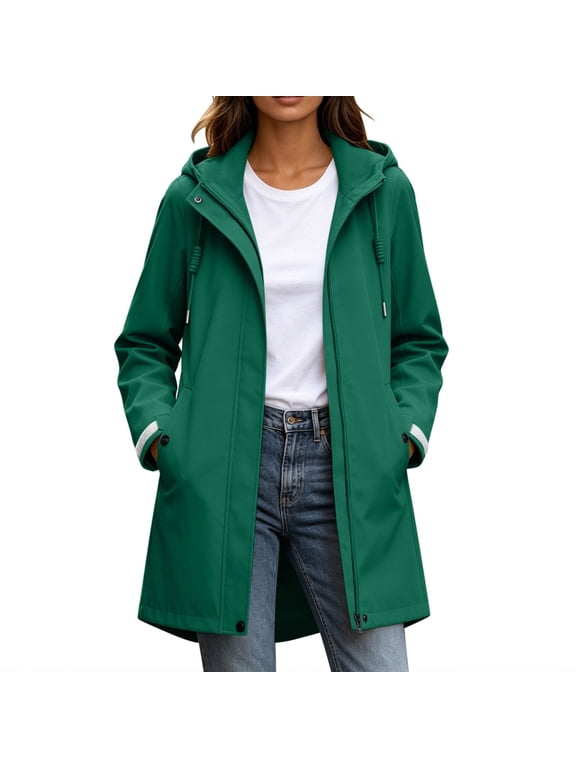 Women Full Zip Jacket Hooded Drawstring Hood Snap Placket Long Sleeve Long Length Slash Pockets Relaxed Fit for Hiking and Outdoor Walking