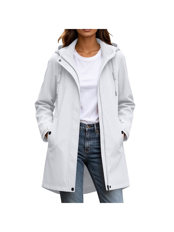 Women Full Zip Jacket Hooded Drawstring Hood Snap Placket Long Sleeve Long Length Slash Pockets Relaxed Fit for Hiking and Outdoor Walking