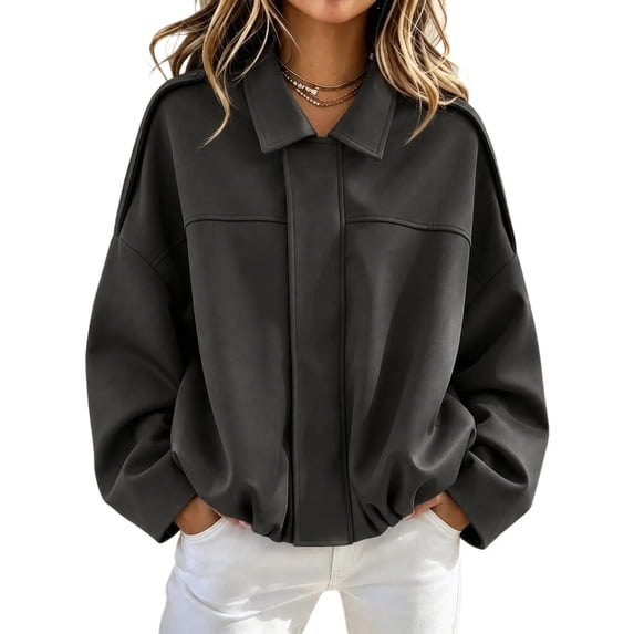 QIYAGBSA Women Jacket Collared Zip Front Slant Pockets Long Sleeve ...