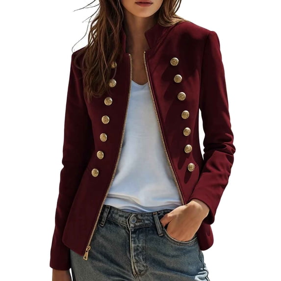 Slanted Home Design QIYAGBSA Women Jacket Stand Collar Zip Front Button Detail Slant ...
