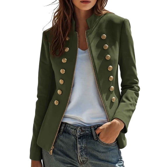 Slanted Home Design QIYAGBSA Women Jacket Stand Collar Zip Front Button Detail Slant ...