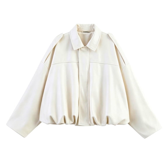 QIYAGBSA Women Leather Jacket Batwing Sleeve Collared Zip Up Relaxed Fit with Ruched Hem Cropped Outerwear Casual Fall Streetwear (White, L)