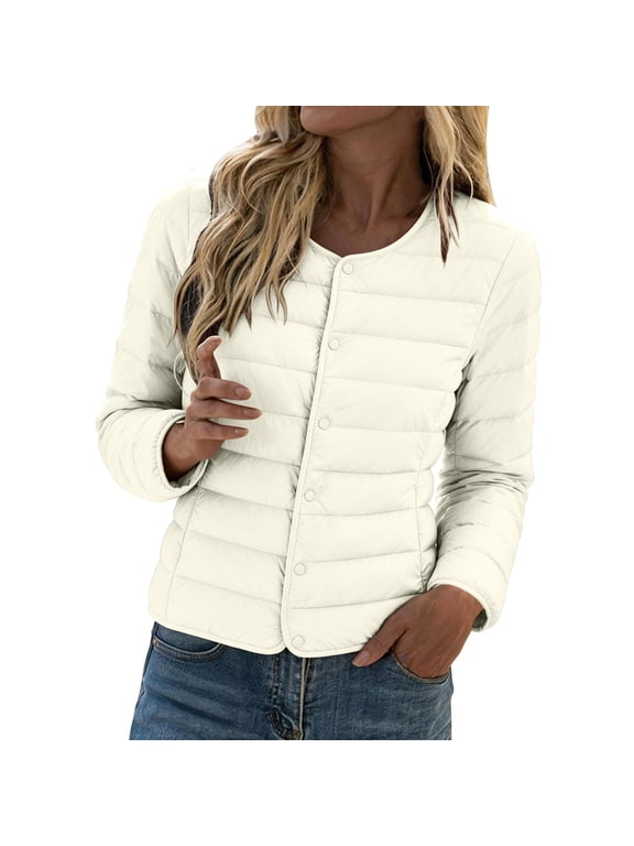 Women Lightweight Puffer Jacket Crew Neck Snap Front Horizontal Channels Hip Length Long Sleeve Packable Solid Color for Travel Days and Daily Errands