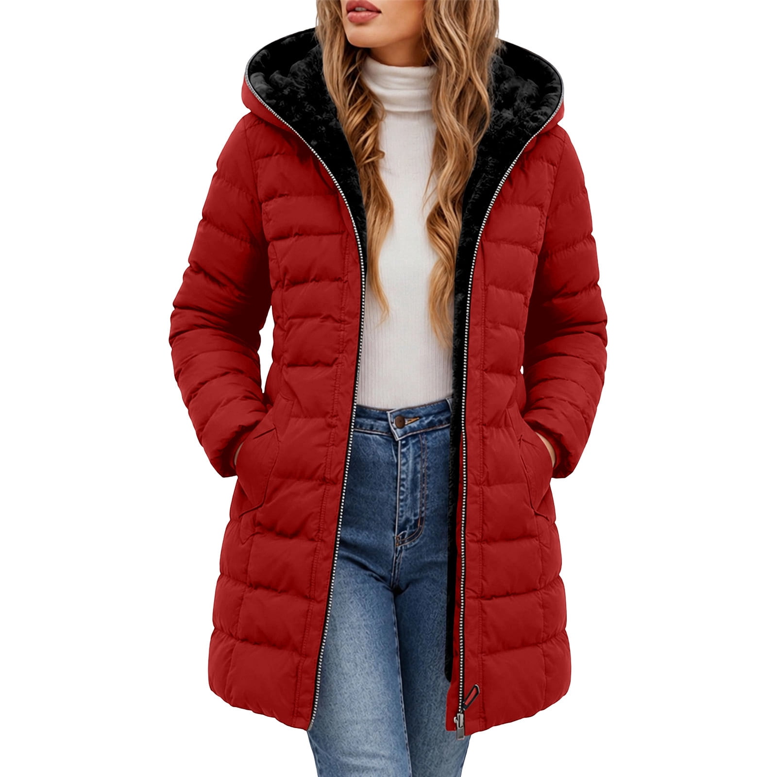 Cold Infant Color QIYAGBSA Women Long Puffer Coat Hooded Pile Trim Zip Front Side Pockets ...