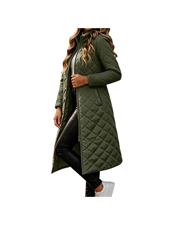 Women Long Quilted Coat Stand Collar Open Front Diamond Pattern Ankle Length Long Sleeve Solid Color for City Days and Evening Walks