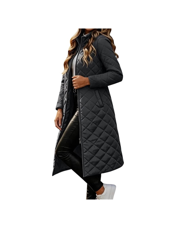 Women Long Quilted Coat Stand Collar Open Front Diamond Pattern Ankle Length Long Sleeve Solid Color for City Days and Evening Walks