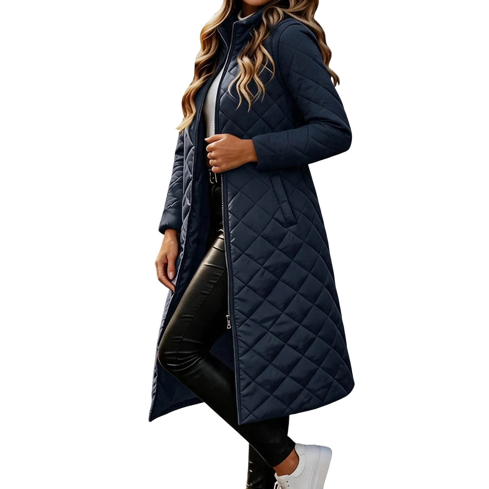 QIYAGBSA Women Long Quilted Coat Stand Collar Open Front Diamond ...