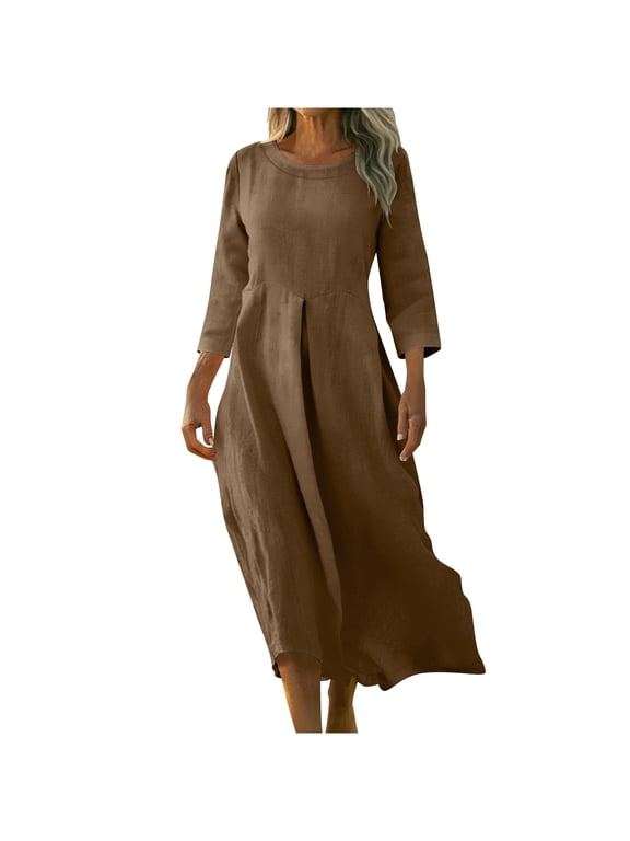 Women Maxi Dress Crew Neck Three Quarter Sleeve Side Pockets Cotton Linen Weave Solid Color Flowing Cut for Summer Days and Weekend Errands