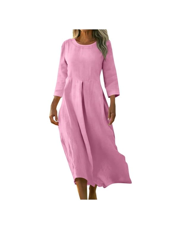 Women Maxi Dress Crew Neck Three Quarter Sleeve Side Pockets Cotton Linen Weave Solid Color Flowing Cut for Summer Days and Weekend Errands