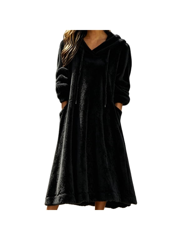 Women Nightgowns Hooded Long Sleeve Kangaroo Pocket Adjustable Tie Hood Mid Calf Length Relaxed Fit Pullover for Cold Evenings and Weekends