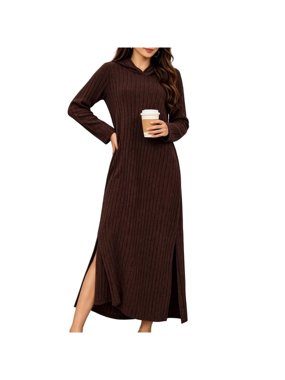 Women Nightgowns Hooded Ribbed Knit Kangaroo Pocket Side Slits Ankle Length Long Sleeve for Cold Evenings at Home and Weekend Mornings